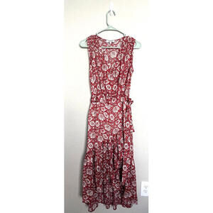 Morgan de Toi Red Floral Midi Dress 34 XS Wrap Front Lined Boho Metallic Sheer